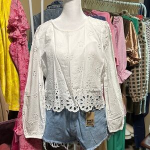 American Eagle Outfitters White Embroidered Scalloped Blouse